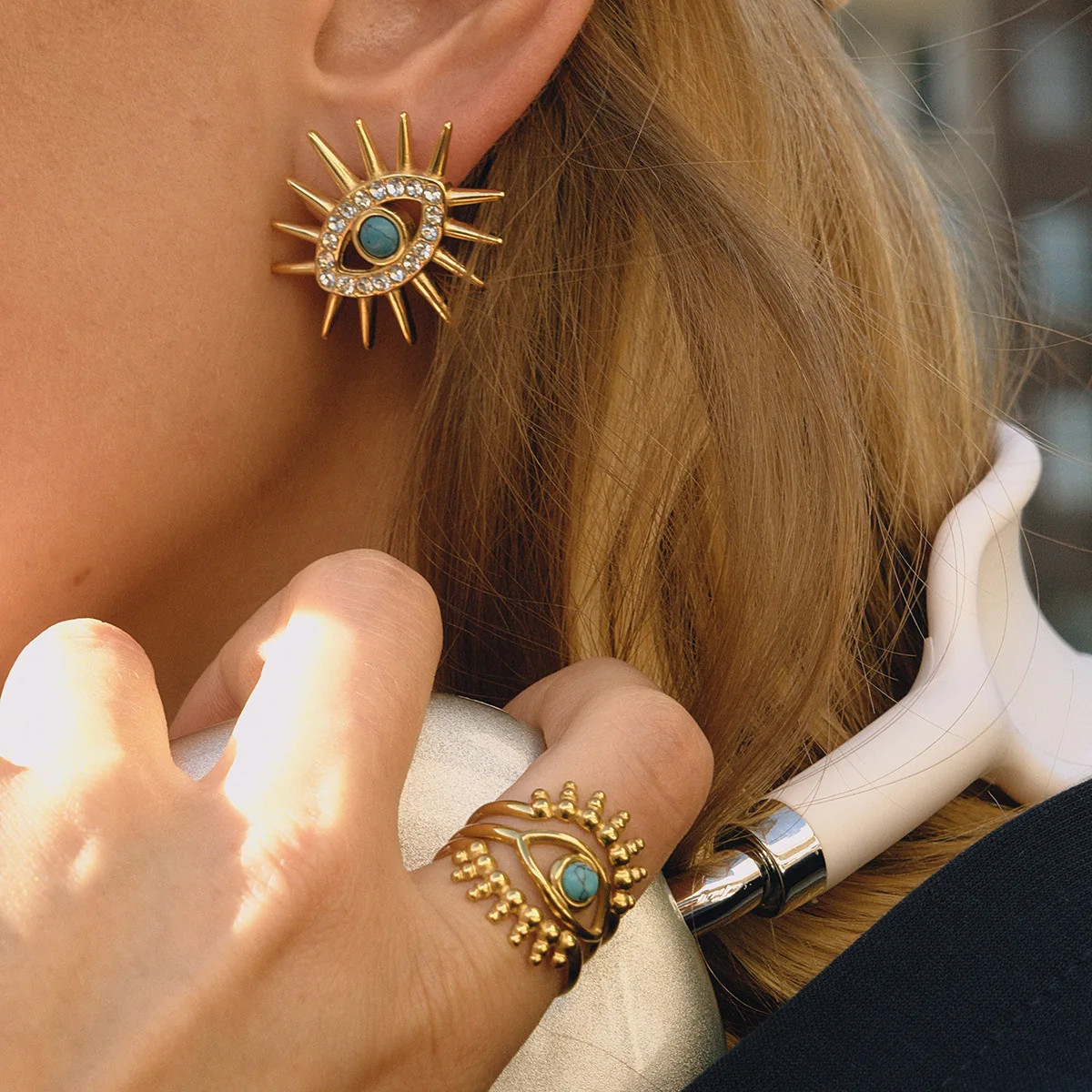 

YHTOT Vintage 3pcs Blue Turquoise Devil's Eye Ring 18K Gold Color Plated Stainless Steel Stackable Ring Women's Jewelry