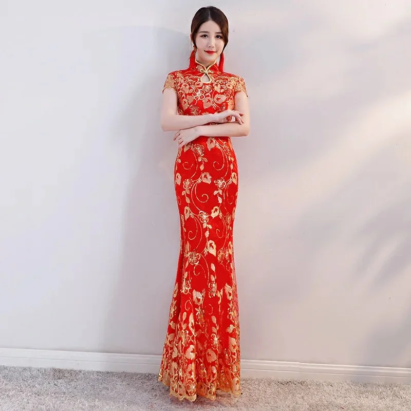 for Cheongsam Women 2024 Spring New Chinese Style Red Qipao Long Sequined Fishtail Dress