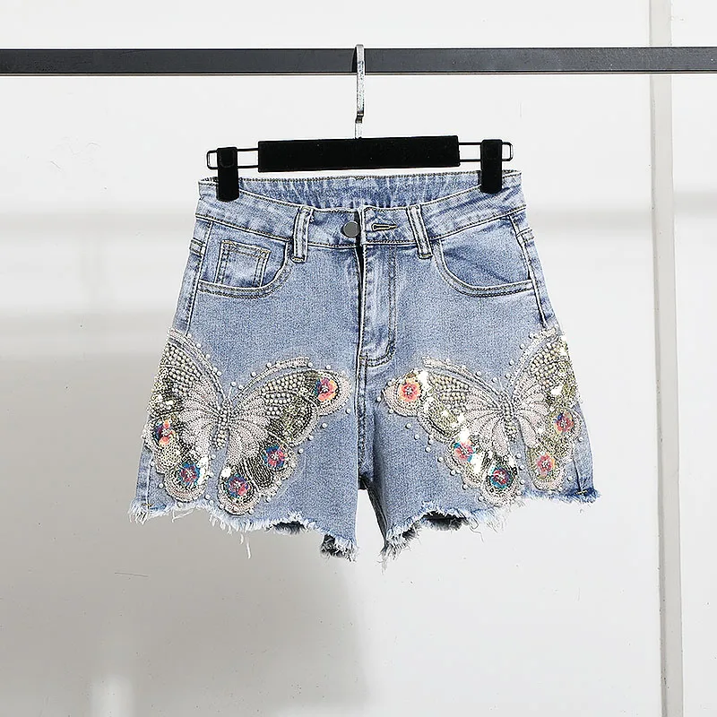 High Waist Stretchy Burr Denim Hot Pants Female 2025 Summer New Heavy Industry Beads Embroidered Blue Shorts Women Clothing