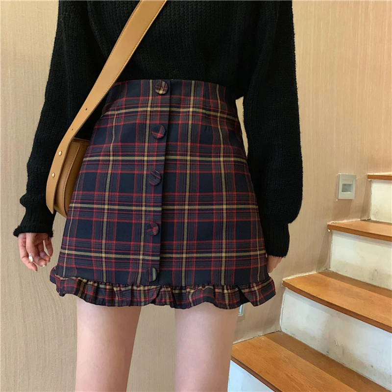 

Korean Plaid Mini Skirt for Women Collision Color High Waisted Thin A-line Wooden Ear Edge Skirt Female