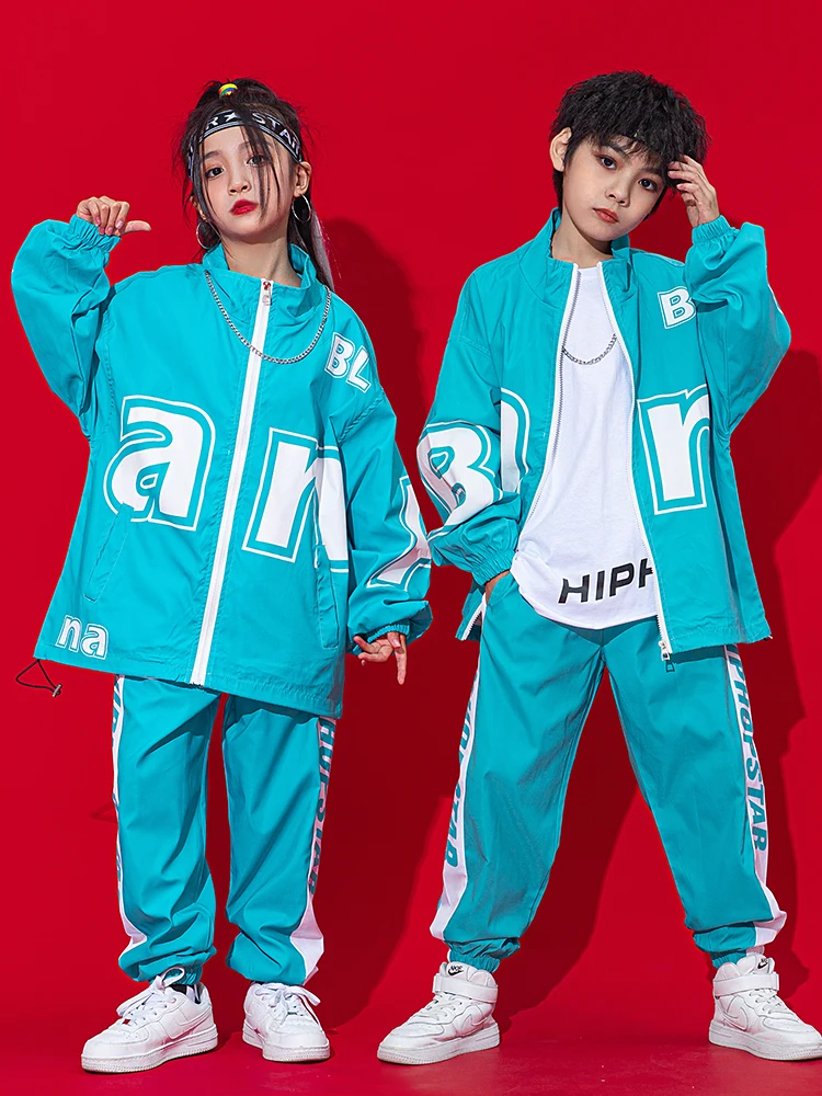 Kids Hip Hop Clothing Blue Coat Pants Boys Street Dance Loose Kpop Outfit Girls Jazz Dancing Performance Suit Stage Wear BL9968