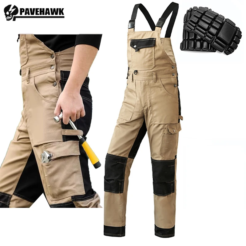 Cotton Overalls Jumpsuit Men Workwear Mechanic Welding Overalls with Knee Pads Multi-Pocket Bib Overalls Men Wear-resistant Pant