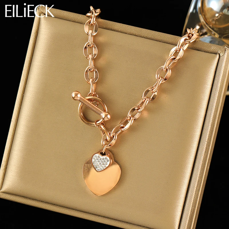 EILIECK 316L Stainless Steel Rose Gold Color Double Heart Pendant Necklace For Women Fashion Waterproof Neck Chain Jewelry Gift