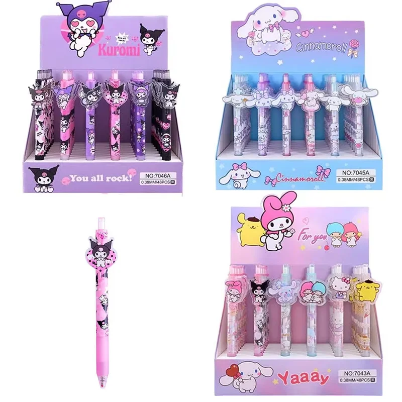 Sanrio 48Pcs Cartoon Gel Pen Kitty Kuromi Hello Cinnamoroll Pens Students Stationery 0.5/0.38 Black School Children Write Supply