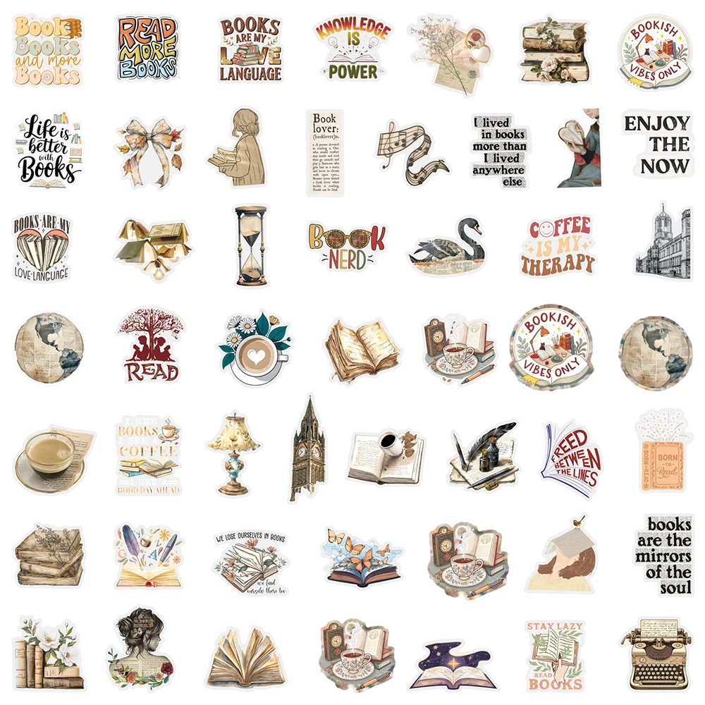 

10/30/50pcs Retro Bookish Cartoon Transparent Stickers Reading Book Decals Scrapbook Suitcase Phone Waterproof Vintage Sticker