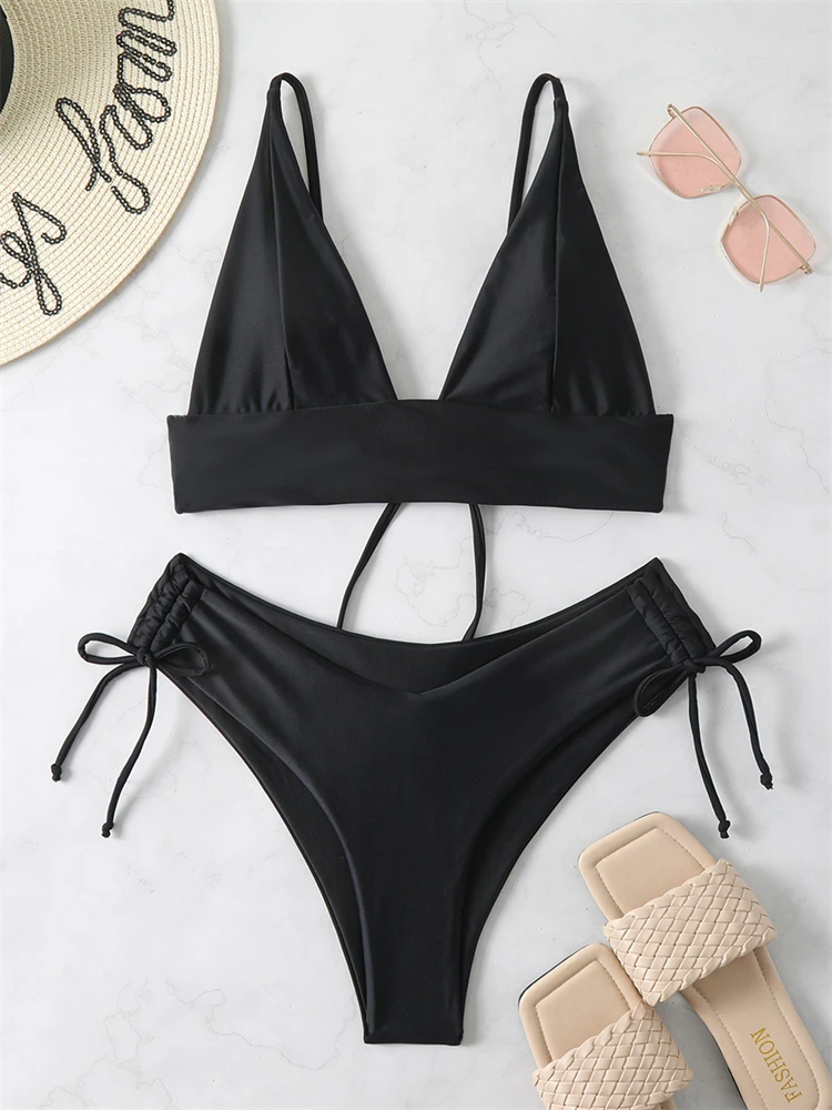 Sexy Bikini Women Swimsuit 2024 New Black Lace Up Ribbed Swimwear High Waist Bikinis Set Summer Beach Bathing Suit For Female XL