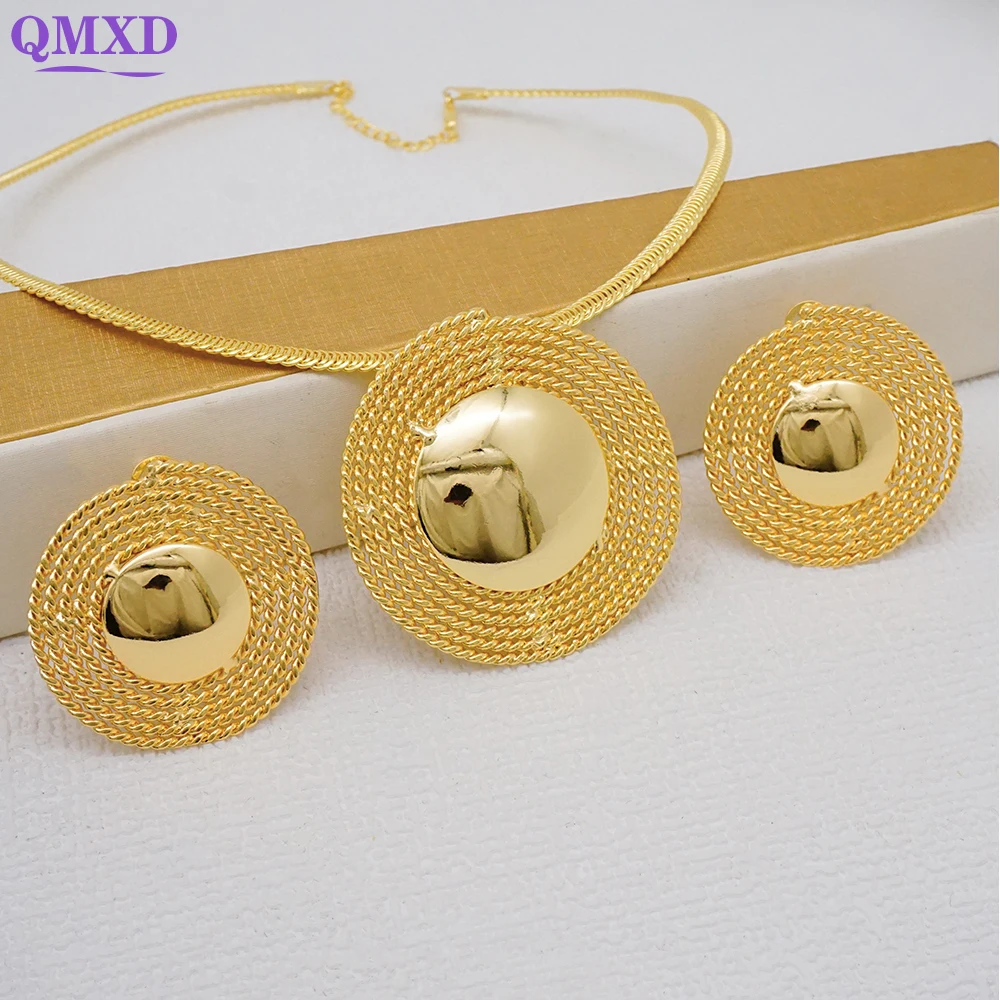 Fashion Dubai Gold Color Plated Jewelry Set For Women Round Big Pendant Necklace Earrings Sets Italian African Bride Accesories