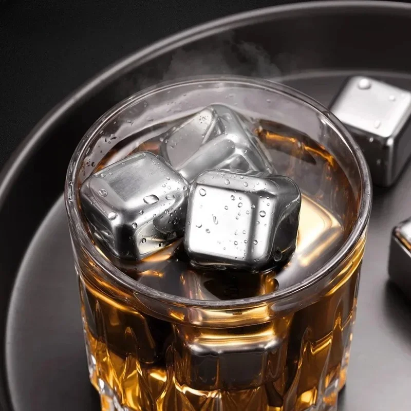 

6 Piece Whiskey Cubes Set with Silicone Tongs and Cube Trays Stainless Steel Cubes Reusable