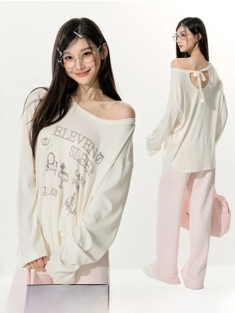 

Женская футболка ELEVEN SP с длинным рукавом, весенняя, в корейском балетном стиле, свободного кроя, с открытыми плечами, из ткани Lenzing, белая, повседневная, универсальная, с принтом