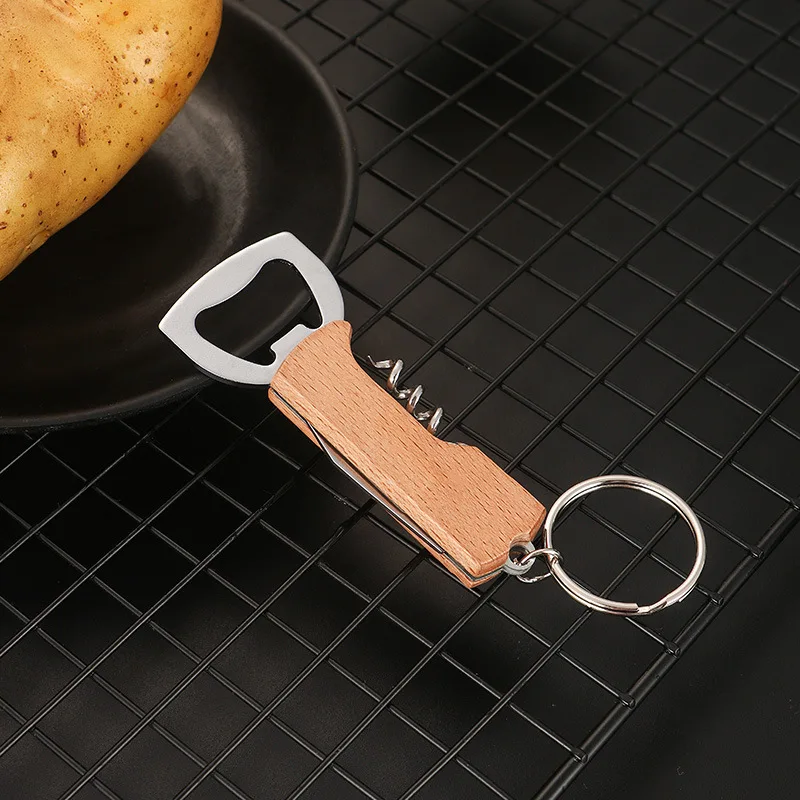 Custom LOGO Wooden Stainless Steel Handle Bottle Opener for Red Wine Beer Multifunctional Laser Wood Three in One Knife Tool