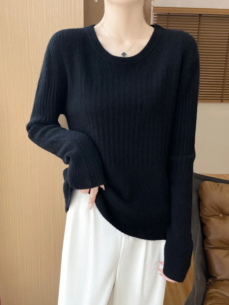 Women's 100% Pure Wool Knitted Sweater, Crew Neck, Korean Style, Top, Pullover, Drawstring, Fashion, Autumn/Winter 2024