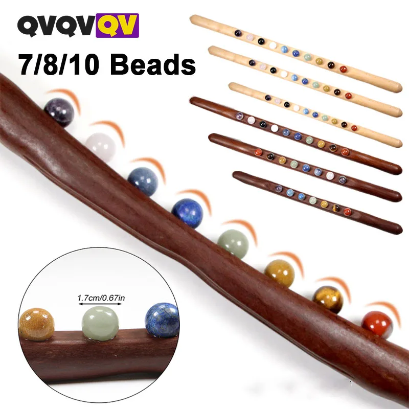 

Guasha Massage Stick 10 Jade Stone Beads Back Neck Meridian Dredging Body Scraping Wooden Massage Tool Gua Sha Therapy