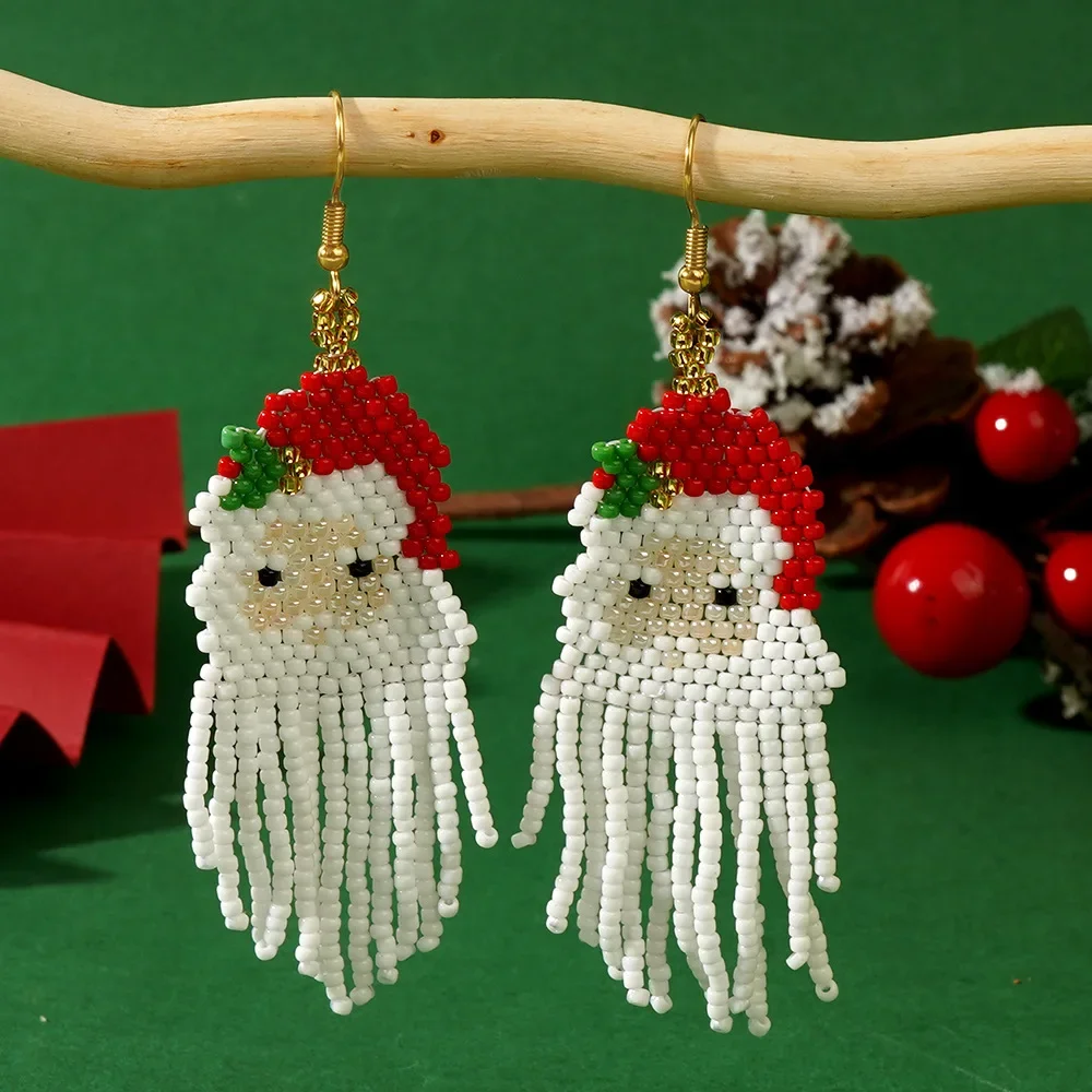 Rice bead earrings Tassel Christmas Santa Claus Design Originality Hand knitting Bohemia Alloy Fashion Simple Beaded earrings