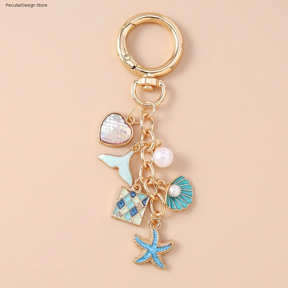 Pearl Pearl Shell Starfish Keychain Starfish Love Heart Shell Starfish Keyring Handmade Fashion Enamel Key Ring Pendants Women
