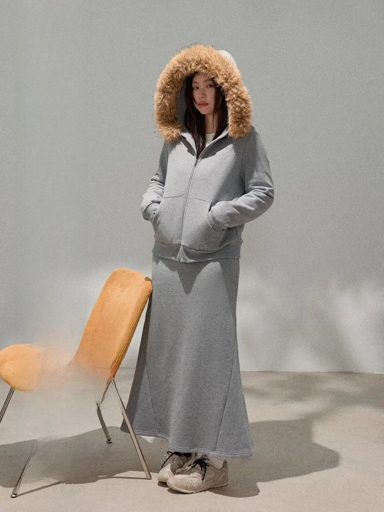 

plus Size Winter Outfit Hooded Jaet with Fur Collar And High Waist Skirt Two Piece Set Comfortable Faion for plus Size Women