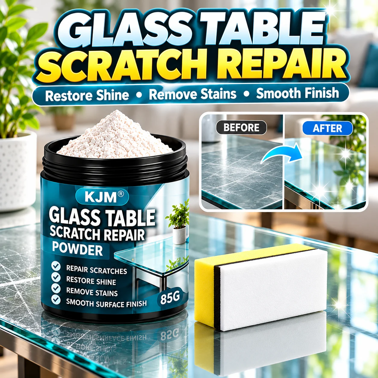 KJM Glass Polishing Powder 85G Glass Scratch Remover For Glass Tables Fine Scratch Repair Water Stain Remover Polishing Kit