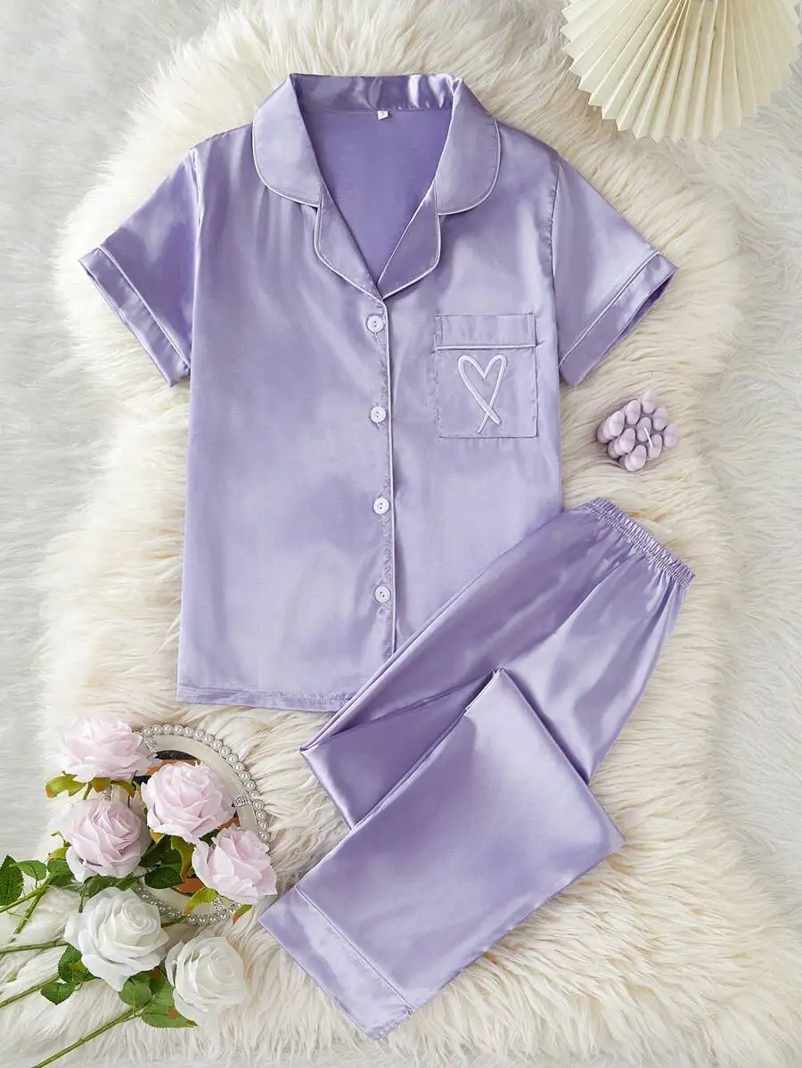 

2-Piece Silk Touch Heart Embroidery Short Sleeve Pajama Set For Women