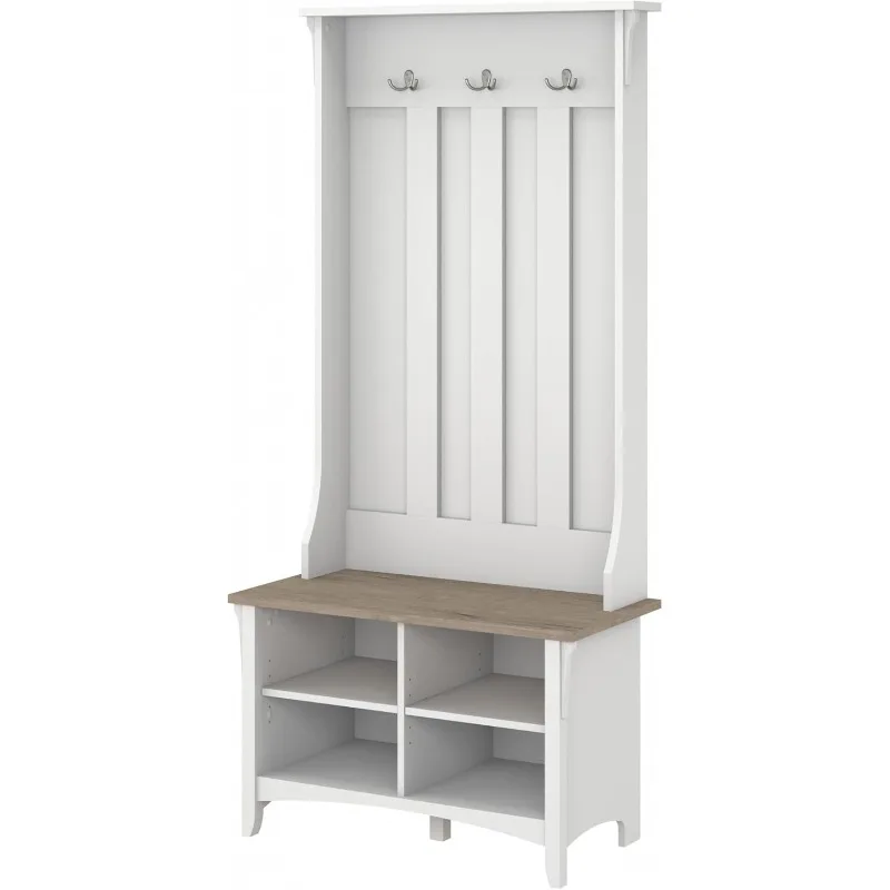 Salinas Hall Tree with Shoe Storage Bench in Shiplap Gray and Pure White, Entryway Solution with Seating and Hooks