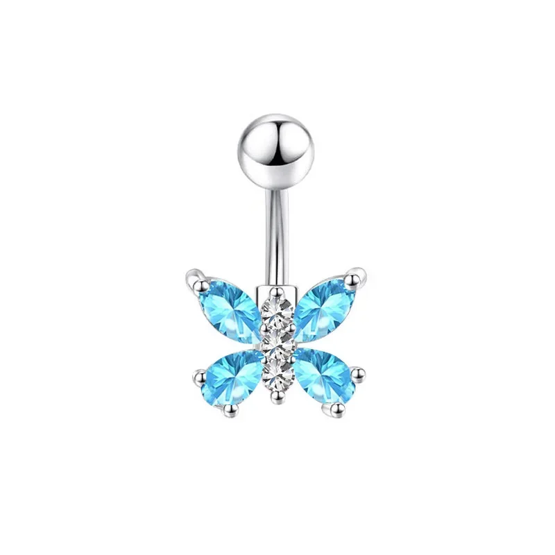1PCS Blue Crystal Belly Button Rings Stainless Steel Heart Navel Piercing Barbell For Women Butterfly Belly Ring Beach Jewelry