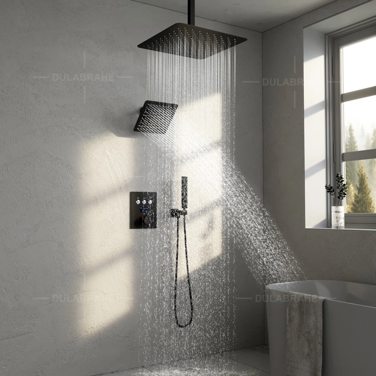 Concealed shower head, black and gold wall mounted shower head, constant temperature digital display dual head