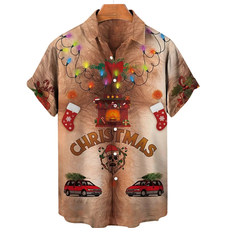 Funny Christmas Uniform Blouses Santa Claus Cosplay Shirts For Men Clothes Xmas Mens Gift Short Sleeve Streetwear Lapel Blouse