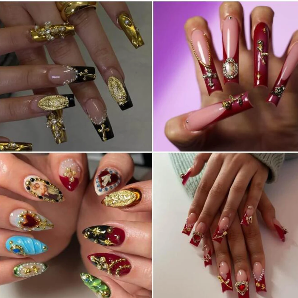 12Grid Metalllegierung Herz Kreuz Rose Nagelzubehör 3D Gold Rot Schleife Blumenkranz Nail Art Charms Y2k Luxus Nageldekoration