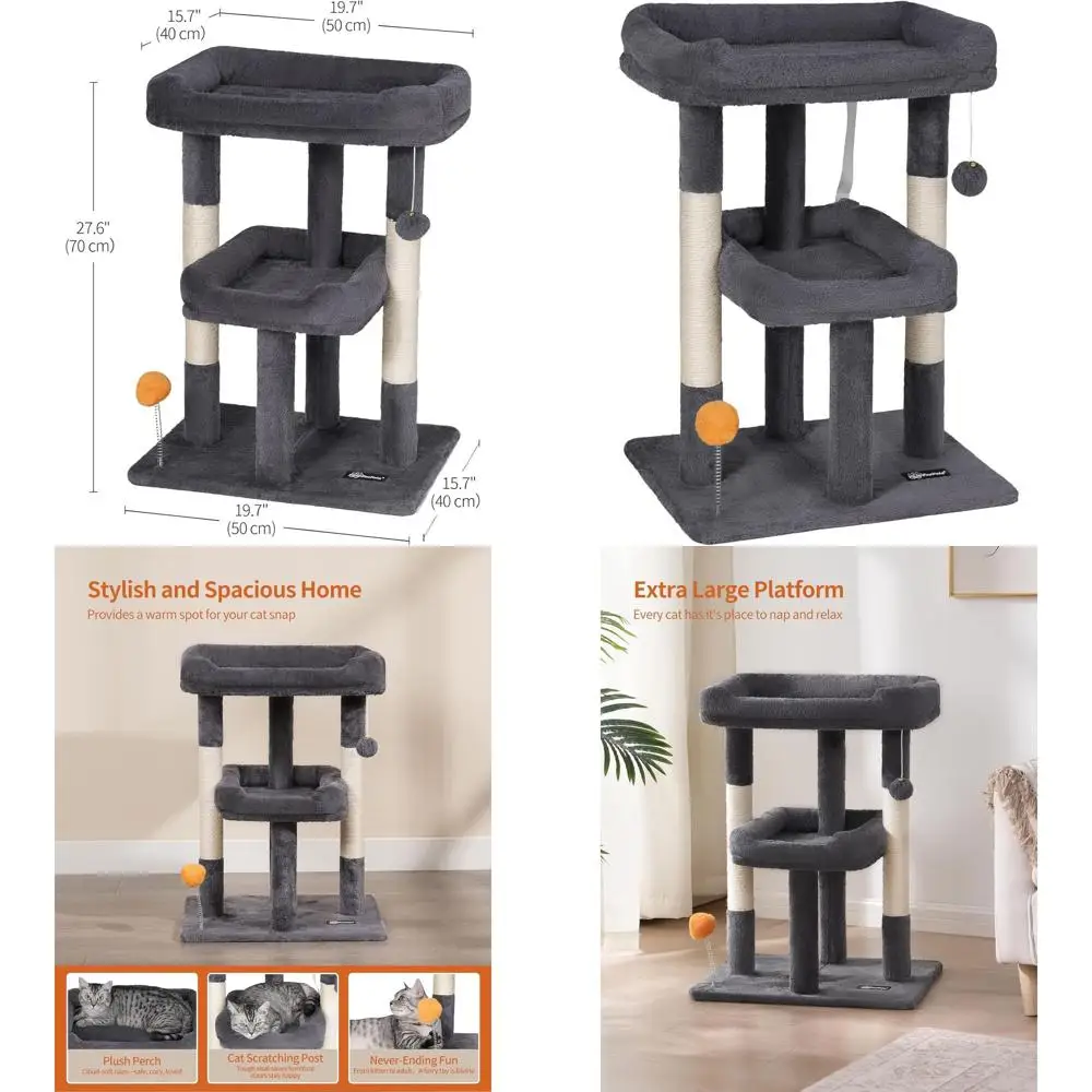 

27.6-Inch Indoor Cat Tower, Large Cat Condo with Scratching Post, Toy Balls, 2 Platforms, Dark Gray