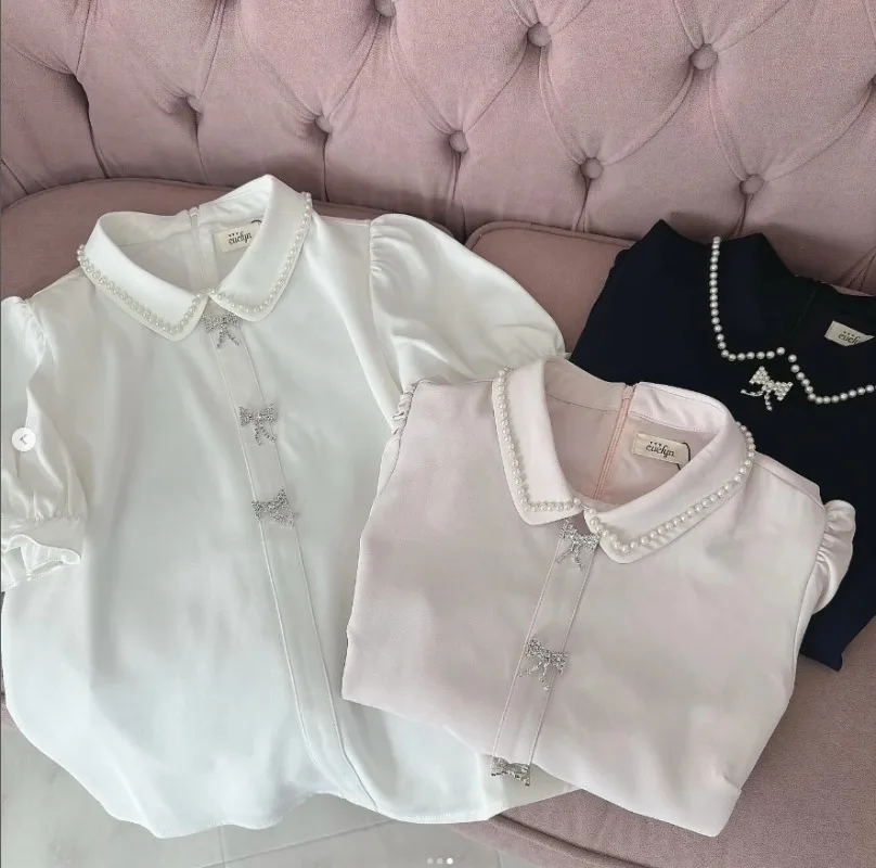 Japanese Rojita Style Sweet Pearl Shirt Collar Rhinestone Bow Zipper Blouse Commuter Short Sleeved Top Pullovers Camisa Feminina