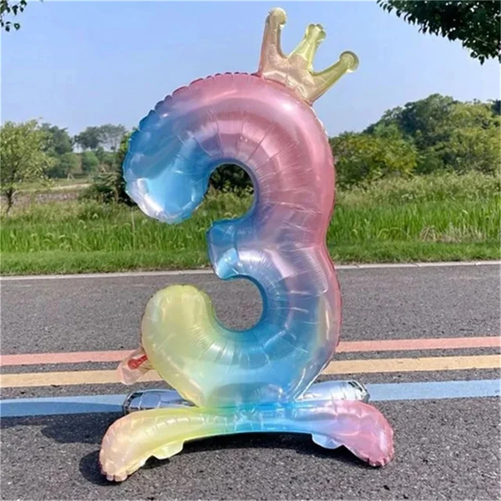 1pcs 32inch Standing Rainbow Digital Balloon Gradient Colorful Crown 0-9 Aluminum Foil Balloon Birthday Party Baby Shower Decor