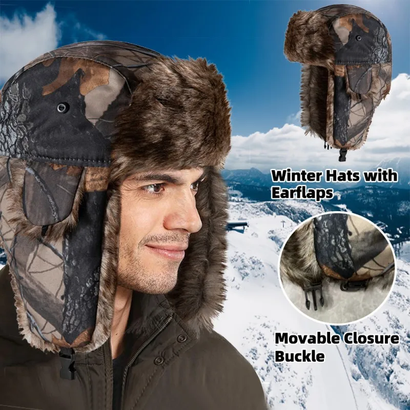 Men's Winter Trapper Aviator Trooper Earflap Warm Russian Hat Waterproof Ski Hat Bomber Cap Unisex Ear Protectors Earflap Hat