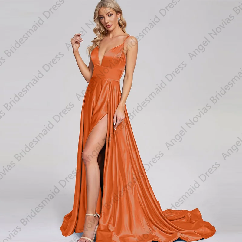 Customized Long A Line Orange Bridesmaid Dress with Slit Evening Prom Formal Party Birthday robe demoiselle d honneur femme