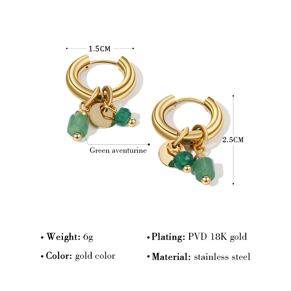 YACHAN 18K Gold Plated Stainless Steel Hoop Earrings for Women Vintage Green Natural Stone Charms Trendy Waterproof Jewelry