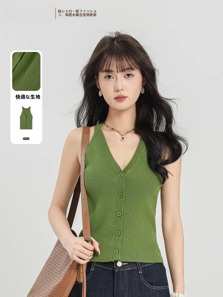 

Вязаный жилет в корейском ретро-стиле Memory's Start: Новинка лета, приталенный топ с V-образным вырезом, H-образная верхняя одежда, цельный предмет гардероба