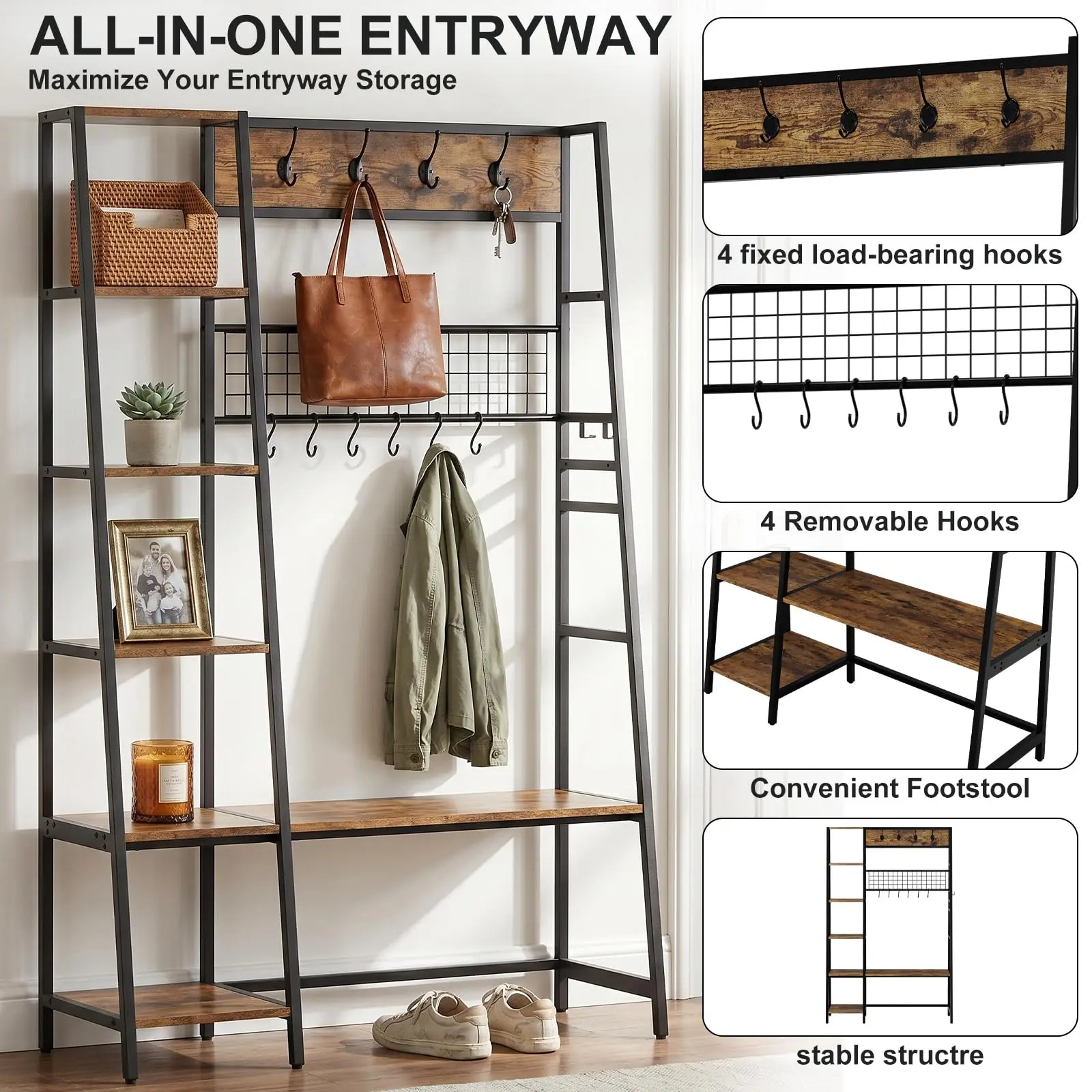 Industrial Hall Tree with Bench - 11 Hooks & 5-Tier Side Shelves - Entryway Coat Rack for Mudroom or Apartment - Freestanding Organizer with Shoe Storage - Rustic Brown, Matte Black + Vintage