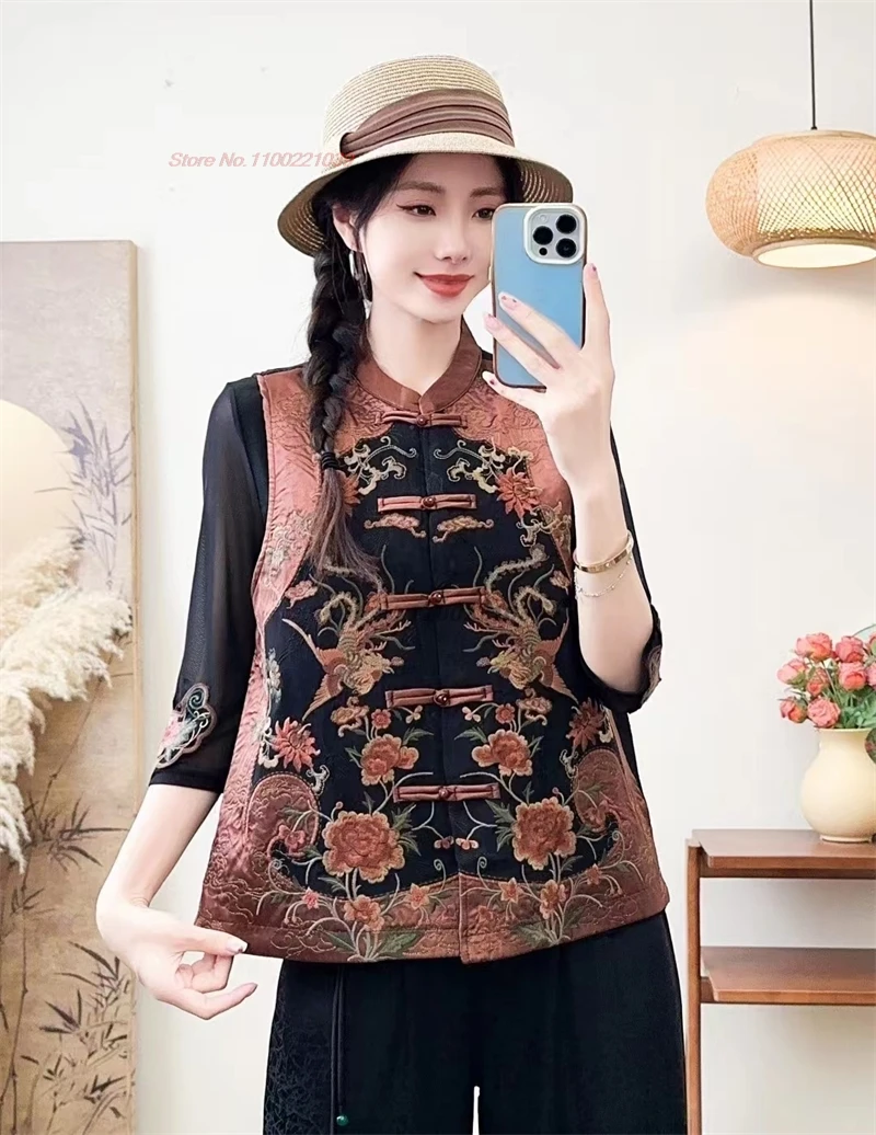 

2024 chinese vintage vest national flower embroidery satin jacquard vest oriental ethnic sleeveless jacket stand collar vest