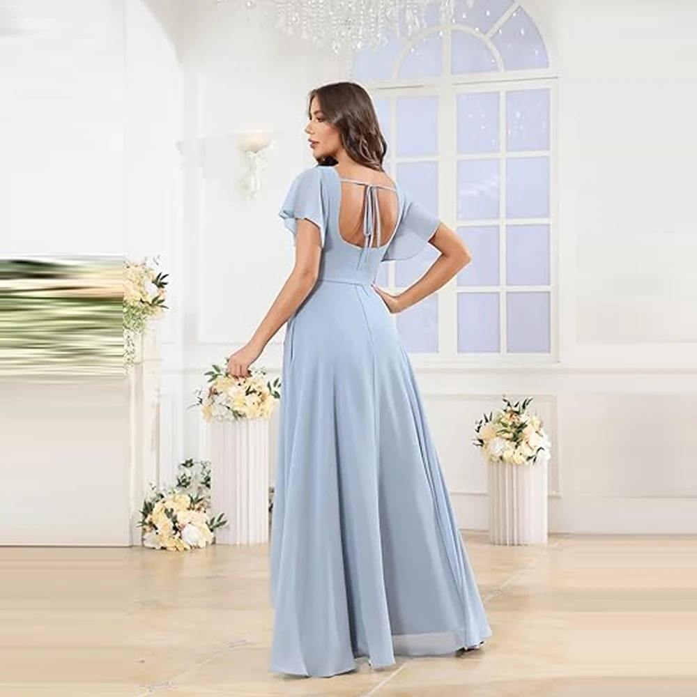 Customized Women's Bridesmaid Dresses Square Neck Short Ruffle Sleeve High Low Chiffon Bow  Formal Dress Wedding Party Dresses
