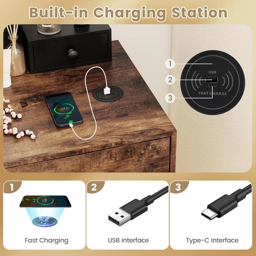 Vanity trucco illuminato con specchio, 4 cassetti e stazione di ricarica - stile retrò