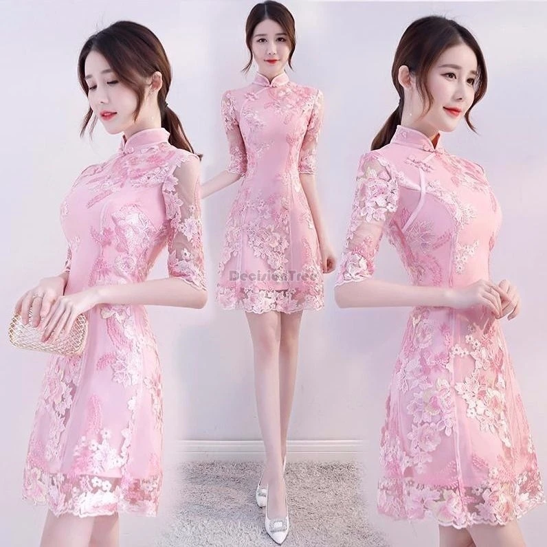 2024 improved cheongsam chinese short banquet party dress daily slimming stand collar half seeve elegant retro qipao dress w312