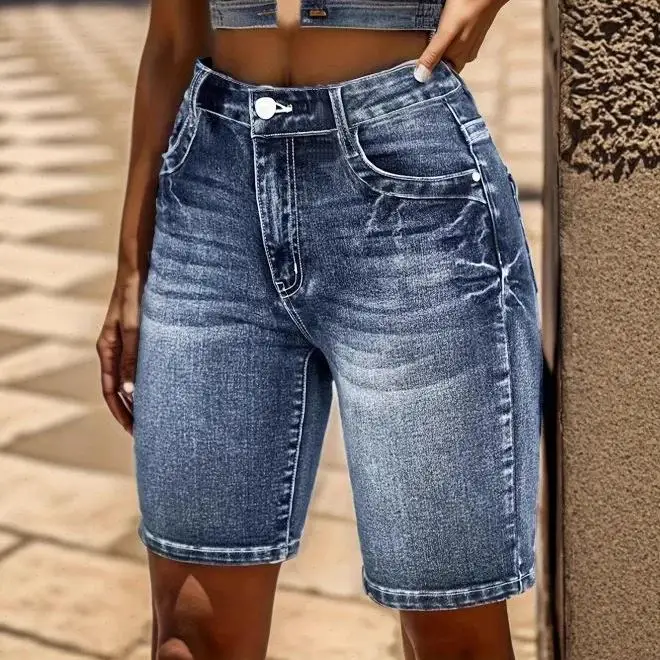 Straight Jean Distressed High Waist Knee Length Jeans Women Denim Trousers Washed Loose Fit Pockets Zipper Fly 2025 Vintage