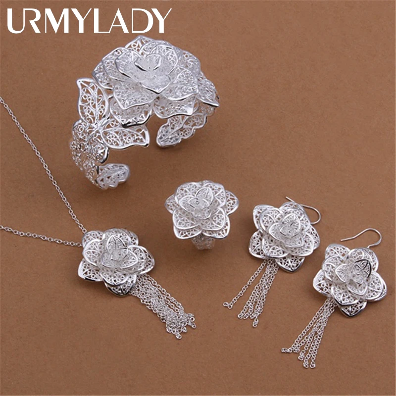 925 sterling Silver Jewelry set for women flower Pendant bangle earrings rings bracelet necklaces fashion party Christmas Gifts