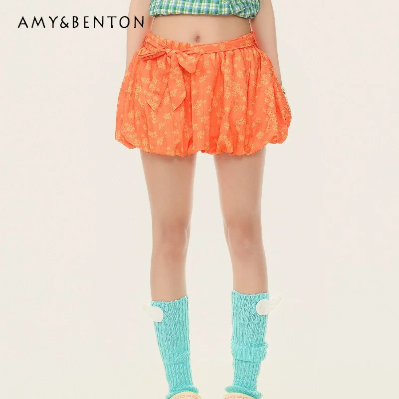 

Orange Lace-up Floral Women's Bud Skirt 2026 Summer New Vacation Leisure Style Sweet Cool Versatile Fluffy Short Skirts Ladies