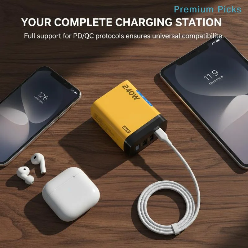 portable240W PD QC3.0 5-Port GaN Charger USB C Fast Charging Adapter Portable Lightweight for Business Trip Travel Office Use