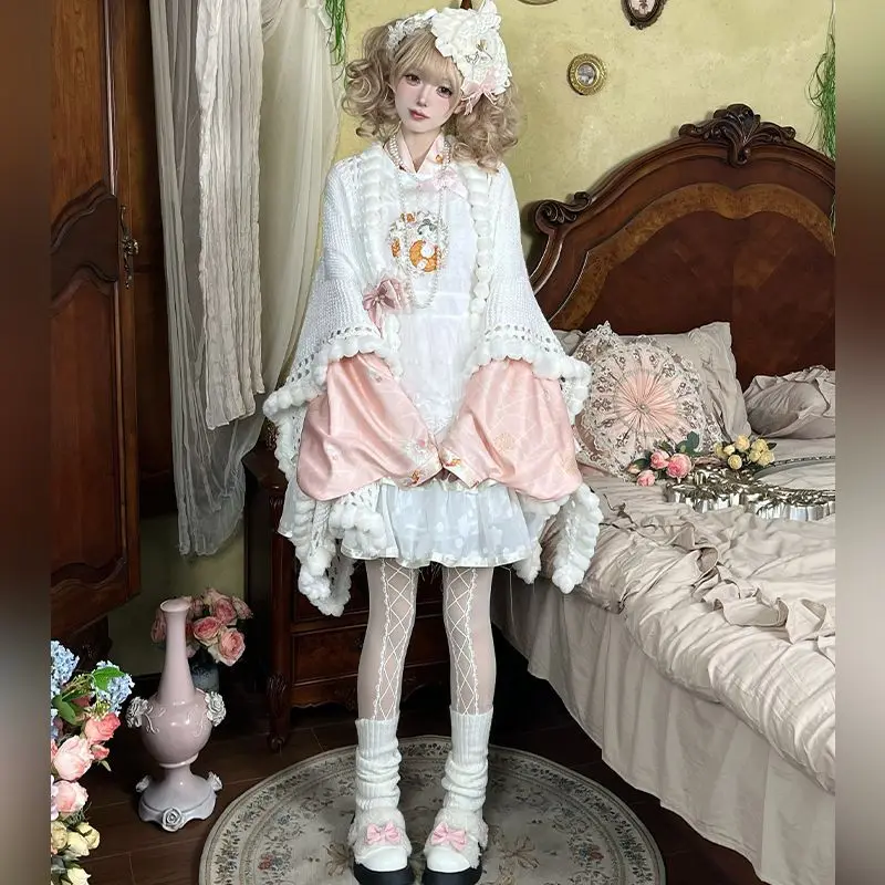 Coalfell【Bread Rabbit】Chinese Lolita Style Hanfu Dress Set Autumn Sweet Top Embroidered Apron Dress Knitted Thick Shawl
