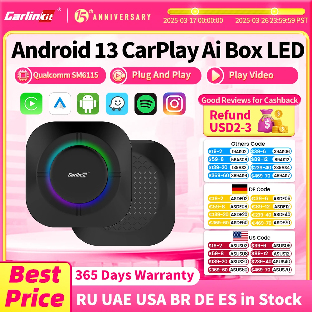 2025 NEW CarPlay AI Box LED Android 13 SM6115 8-Core CPU 5G WiFi BT GPS For Netflix Wireless Android Auto CarPlay Smart TV Box