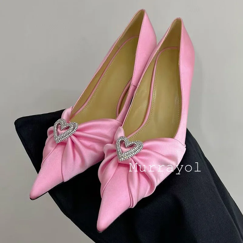 Zapatos individuales con decoración de diamantes de imitación en forma de corazón, Sandalias de tacón alto fino de satén con punta estrecha para mujer, zapatos de vestir de verano, zapatos de boda