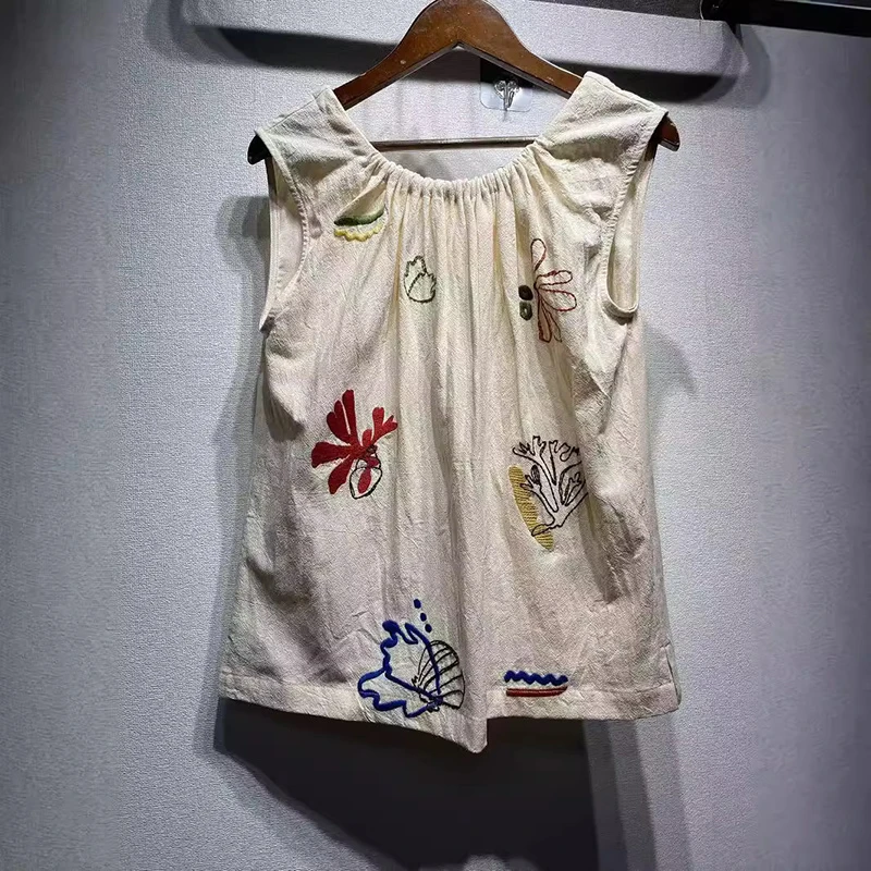 2025 New Arrival Summer Women Casual Loose Fit Sleeveless Cartoon Embroidery Tops Tees O-neck Good Quality Cotton T-shirt Y135