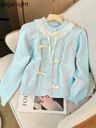 Gaganight Women Korean Chic O neck Sweet Lace Splicing Bow Sweater Jacket 2024 Autumn New Gentle Soft Knitted Cardigan Female