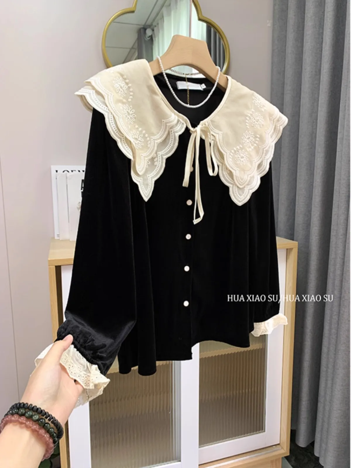 Doll Collar Vintage Blouse Women Loose Long-Sleeved Baggy Lace Lace-up Shirt Premium Comfortable Top