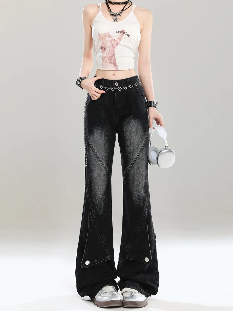 Retro American Decomposed Design Bell Bottom Jeans Women's New 2026 Slimming Straight Leg Narrow Version Denim Pants