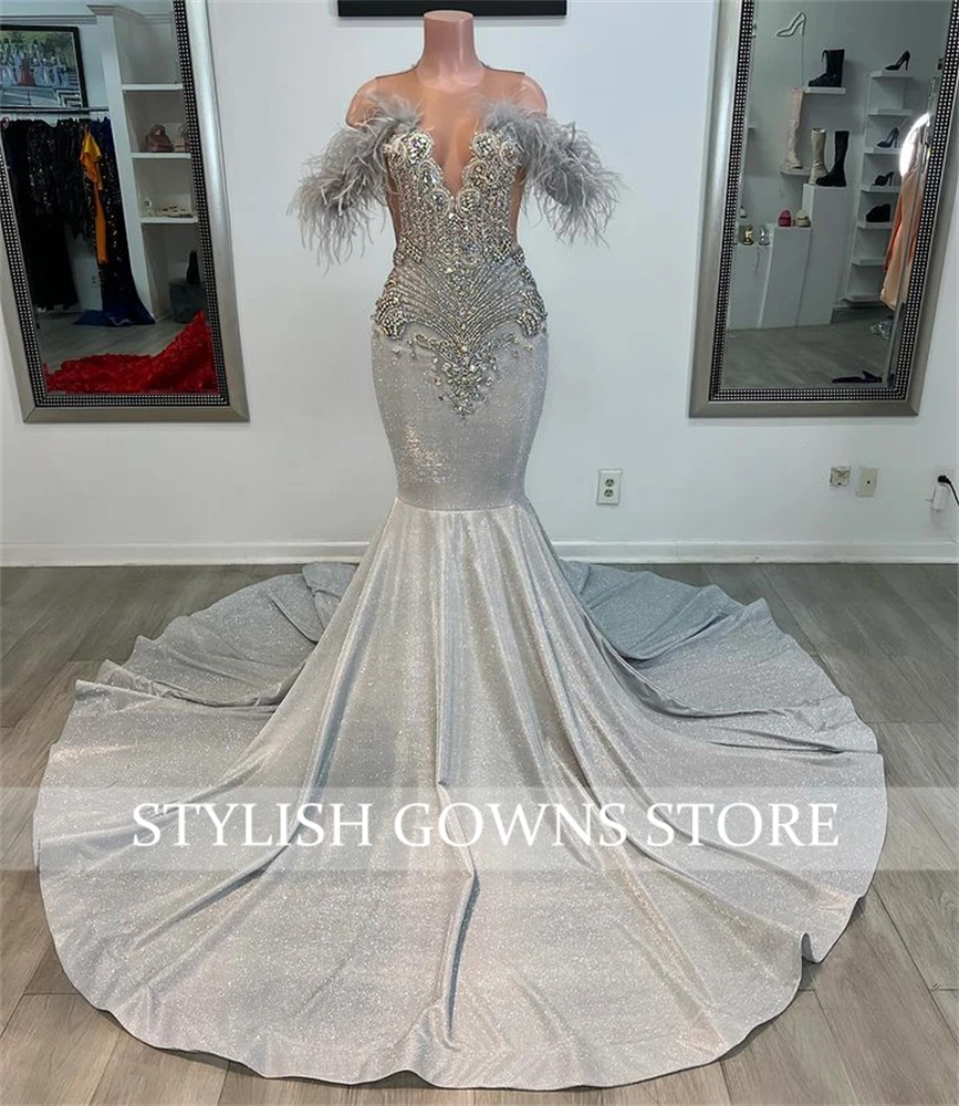 Sexy Gray O Neck Long Prom Dress For Black Girls 2024 Beaded Crystal Birthday Party Dresses Feathers Evening Gowns Gown Robe De